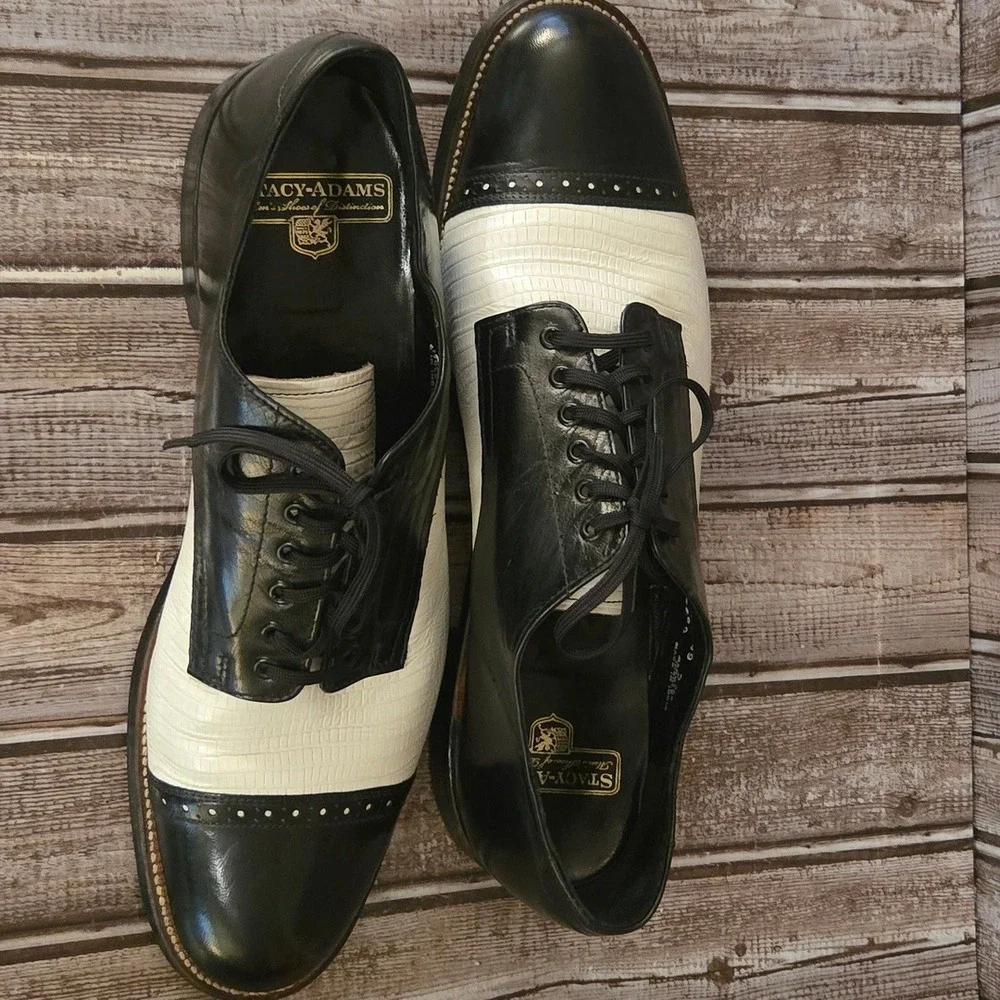 9.5 D Stacy Adams Madison Black White Spectator Cap Toe Oxford Shoes Excellent